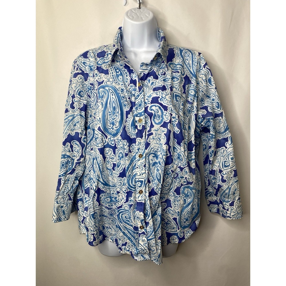 Chaps Womens 100% Cotton Shirt Size Large Paisley Coastal Preppy Nautical Career